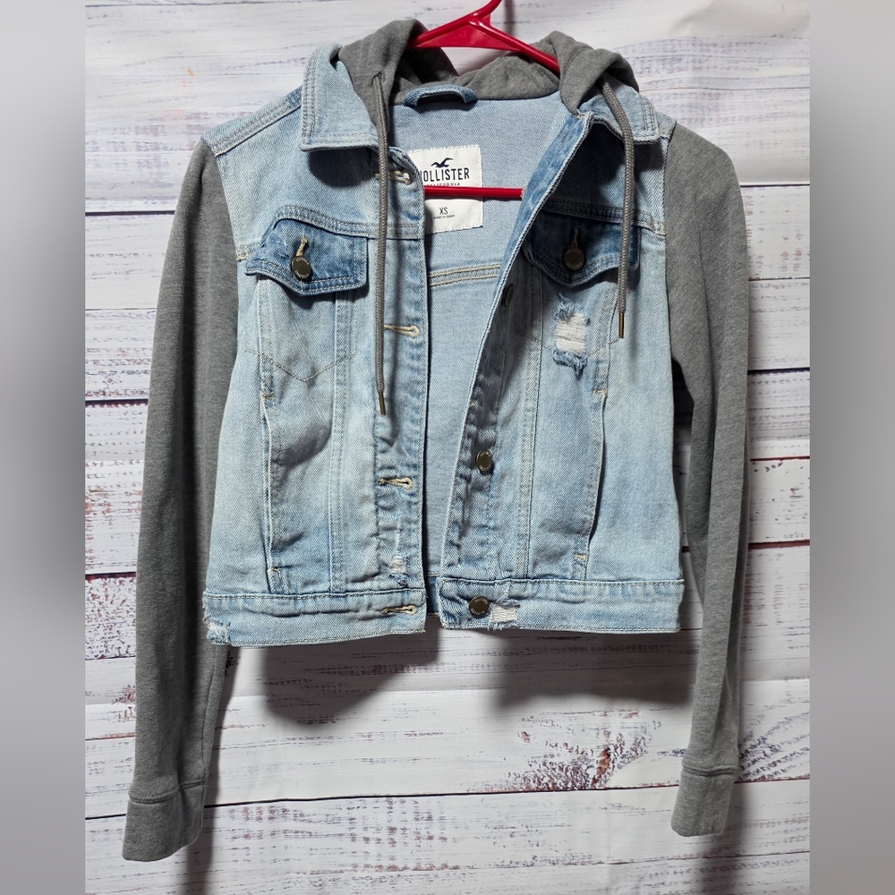 Hollister Light Blue Denim Jacket with Gray Sleeves